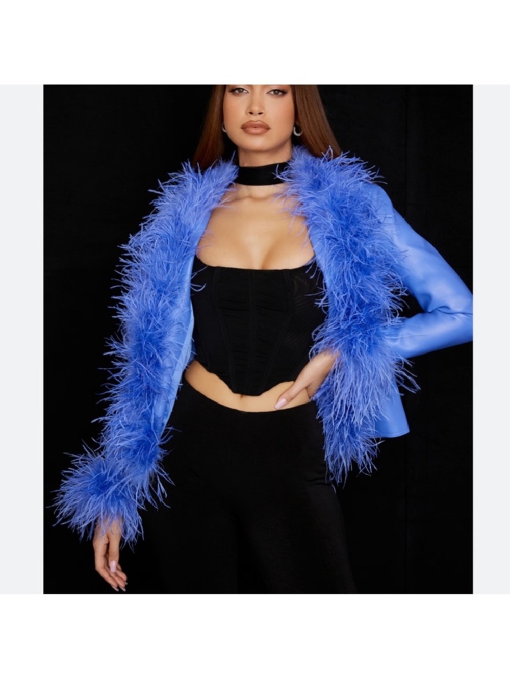 House of CB Royal Blue Feather-Trim Leather Jacket